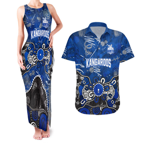 Personalized North Melbourne Kangaroos Couples Matching Tank Maxi Dress and Hawaiian Shirt Aboriginal Dot Painting Graffiti Style