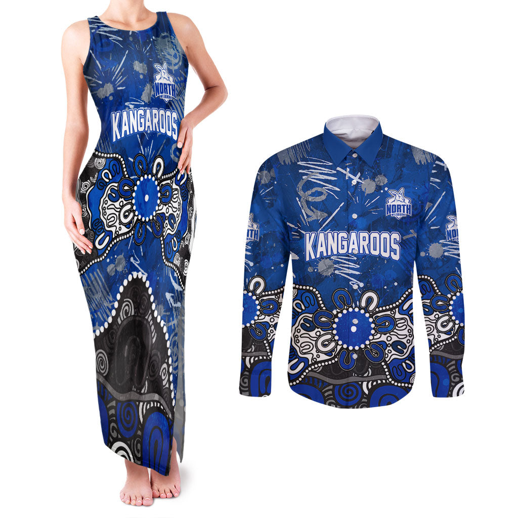 Personalized North Melbourne Kangaroos Couples Matching Tank Maxi Dress and Long Sleeve Button Shirt Aboriginal Dot Painting Graffiti Style