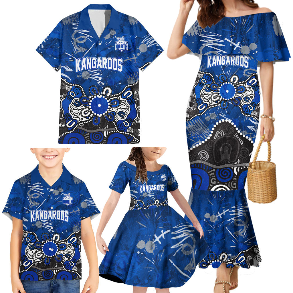 Personalized North Melbourne Kangaroos Family Matching Mermaid Dress and Hawaiian Shirt Aboriginal Dot Painting Graffiti Style