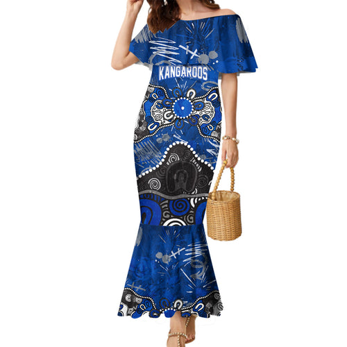 Personalized North Melbourne Kangaroos Family Matching Mermaid Dress and Hawaiian Shirt Aboriginal Dot Painting Graffiti Style