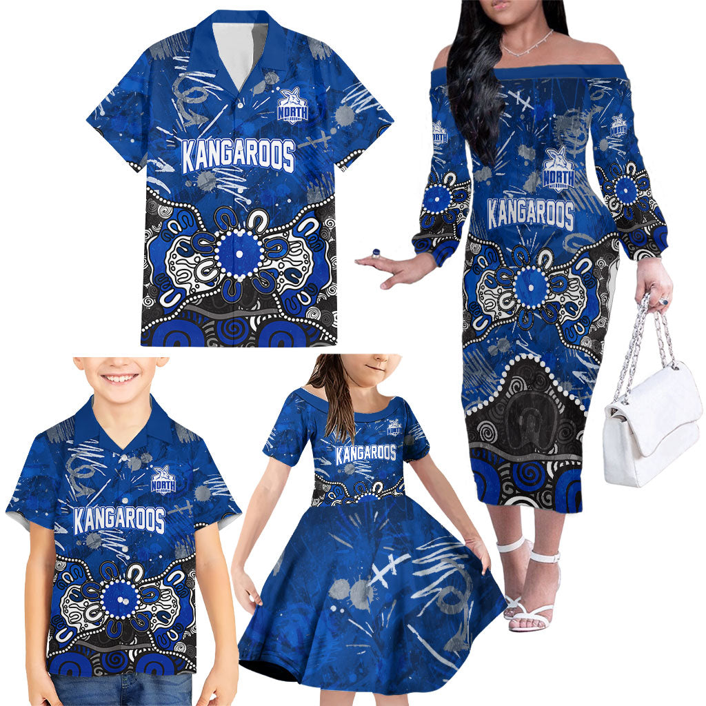 Personalized North Melbourne Kangaroos Family Matching Off The Shoulder Long Sleeve Dress and Hawaiian Shirt Aboriginal Dot Painting Graffiti Style