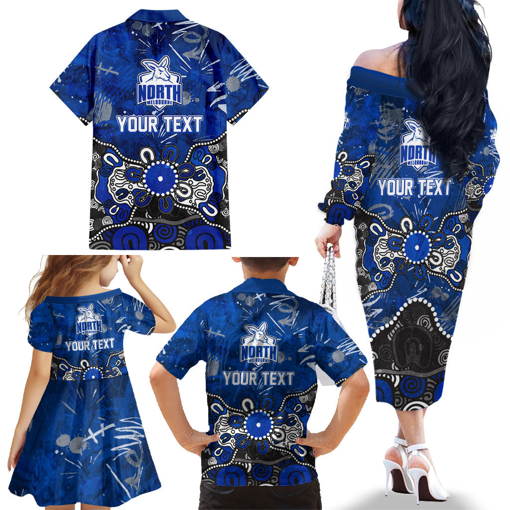 Personalized North Melbourne Kangaroos Family Matching Off The Shoulder Long Sleeve Dress and Hawaiian Shirt Aboriginal Dot Painting Graffiti Style