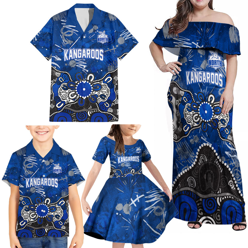 Personalized North Melbourne Kangaroos Family Matching Off Shoulder Maxi Dress and Hawaiian Shirt Aboriginal Dot Painting Graffiti Style