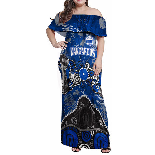 Personalized North Melbourne Kangaroos Family Matching Off Shoulder Maxi Dress and Hawaiian Shirt Aboriginal Dot Painting Graffiti Style