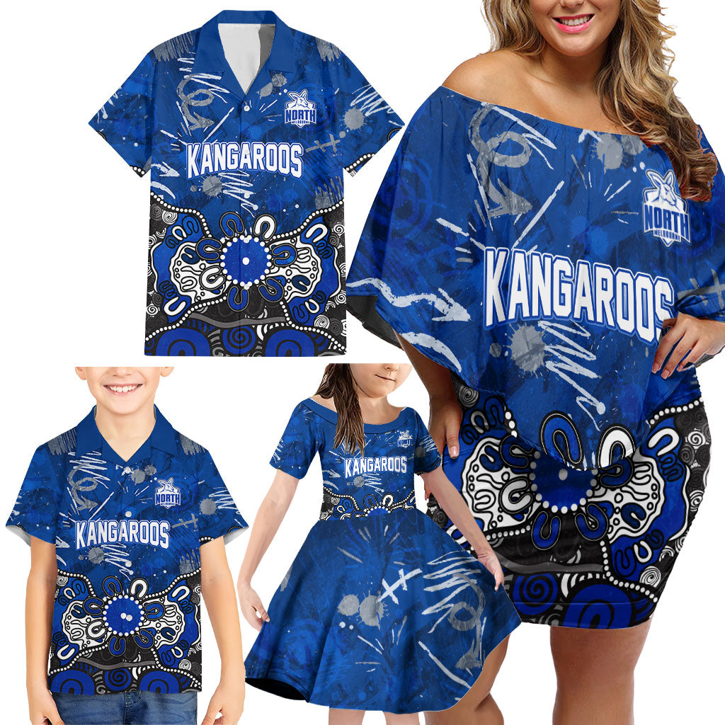 Personalized North Melbourne Kangaroos Family Matching Off Shoulder Short Dress and Hawaiian Shirt Aboriginal Dot Painting Graffiti Style