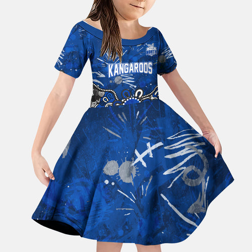 Personalized North Melbourne Kangaroos Family Matching Off Shoulder Short Dress and Hawaiian Shirt Aboriginal Dot Painting Graffiti Style