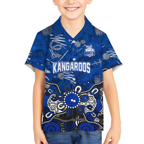 Personalized North Melbourne Kangaroos Family Matching Off Shoulder Short Dress and Hawaiian Shirt Aboriginal Dot Painting Graffiti Style