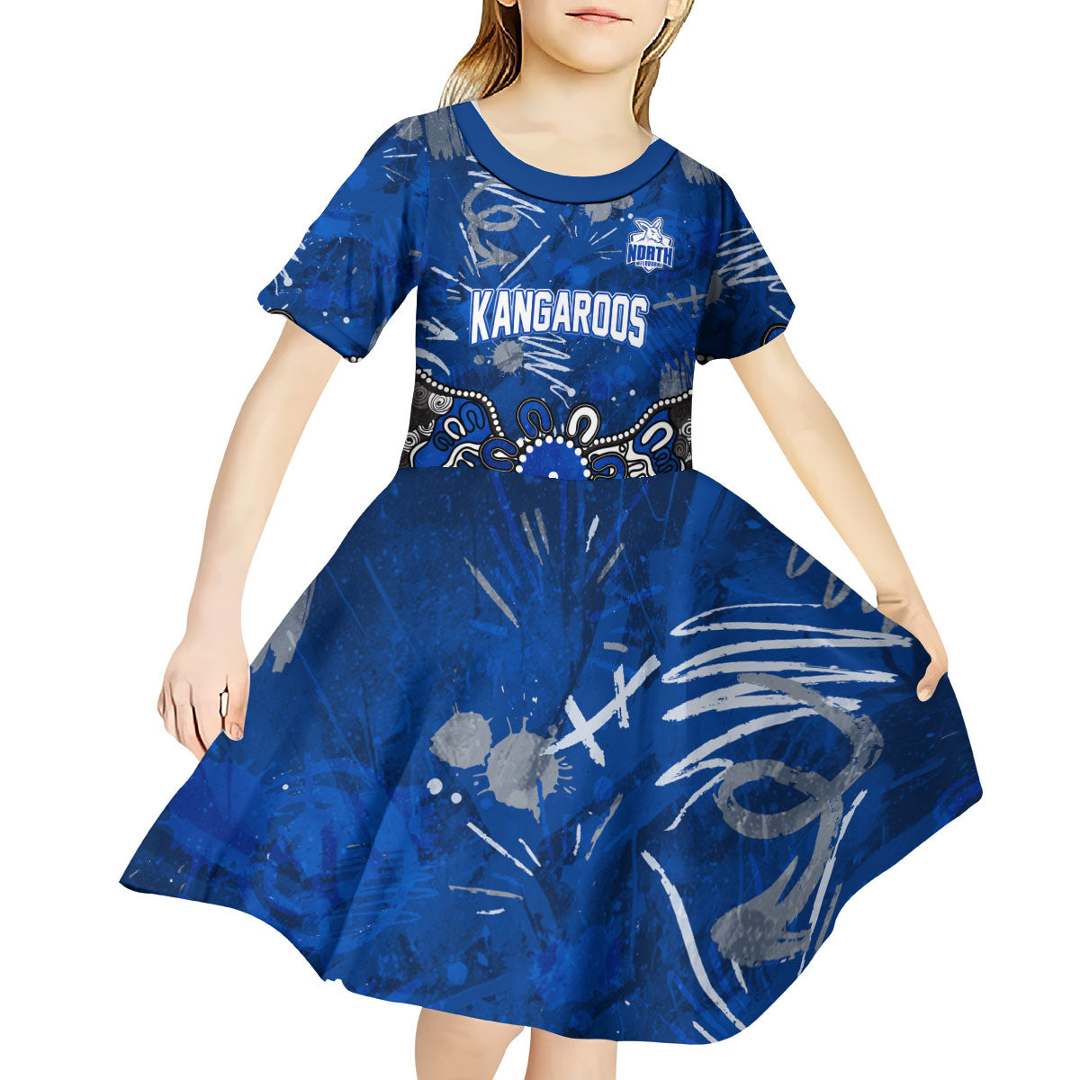 Personalized North Melbourne Kangaroos Kid Short Sleeve Dress Aboriginal Dot Painting Graffiti Style