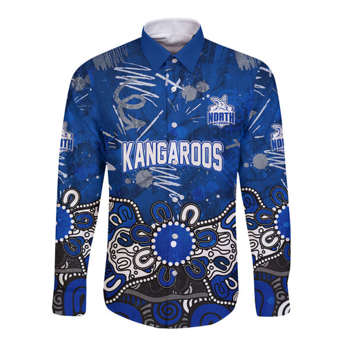 Personalized North Melbourne Kangaroos Long Sleeve Button Shirt Aboriginal Dot Painting Graffiti Style
