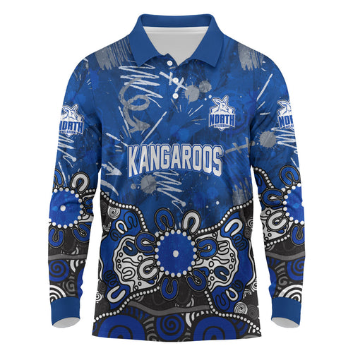 Personalized North Melbourne Kangaroos Long Sleeve Polo Shirt Aboriginal Dot Painting Graffiti Style