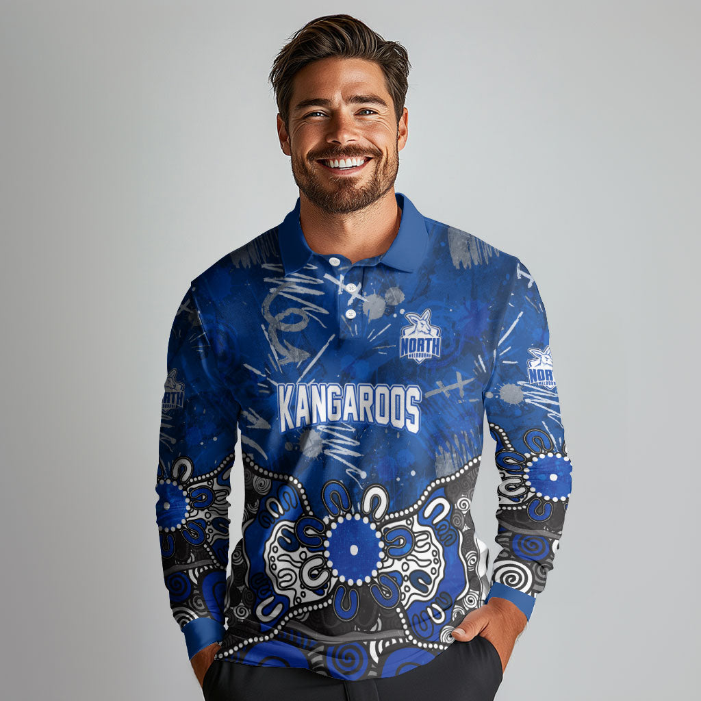 Personalized North Melbourne Kangaroos Long Sleeve Polo Shirt Aboriginal Dot Painting Graffiti Style