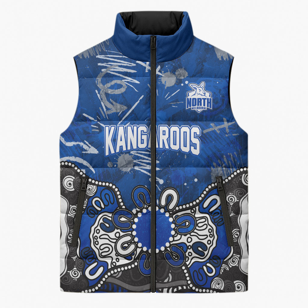 Personalized North Melbourne Kangaroos Sleeveless Puffer Jacket Aboriginal Dot Painting Graffiti Style