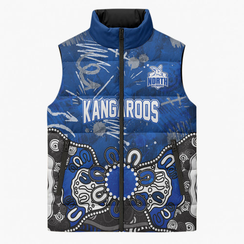 Personalized North Melbourne Kangaroos Sleeveless Puffer Jacket Aboriginal Dot Painting Graffiti Style