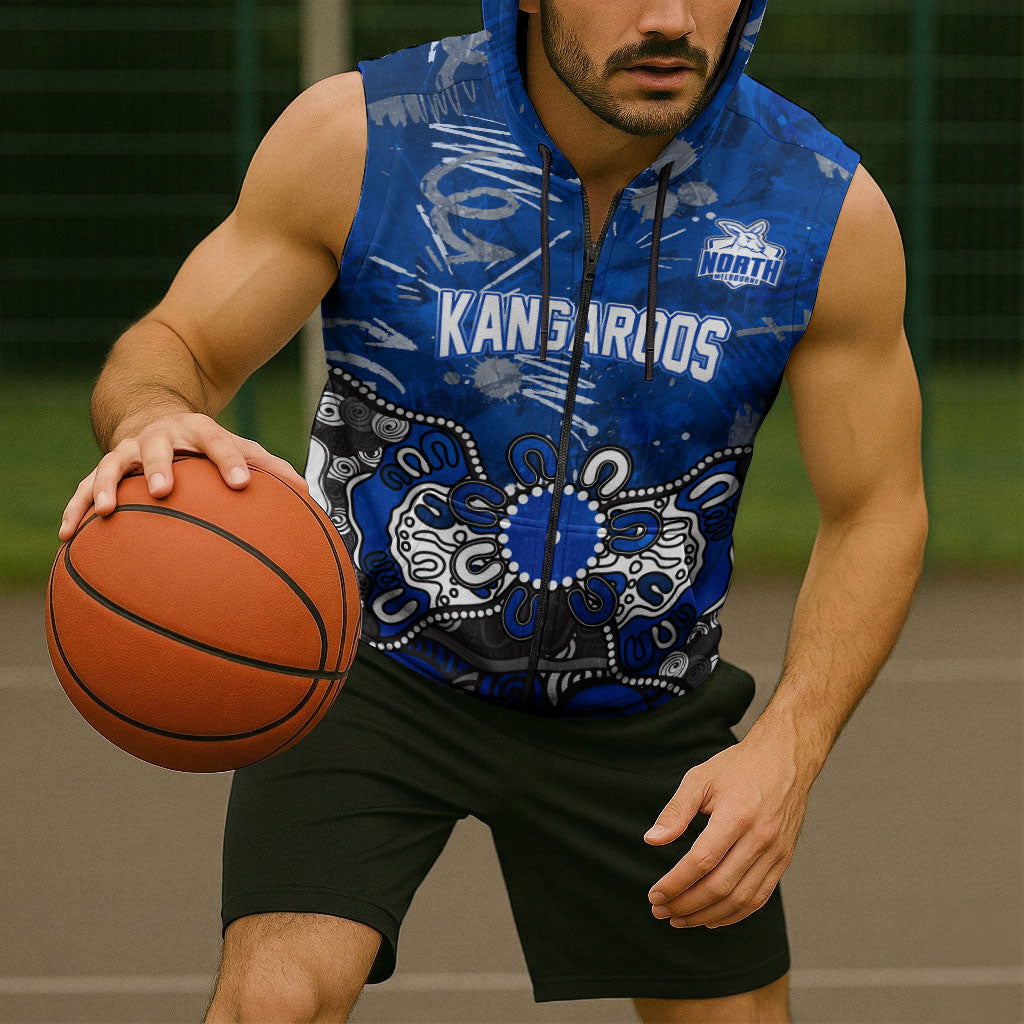 Personalized North Melbourne Kangaroos Sleeveless Zip Hoodie Aboriginal Dot Painting Graffiti Style