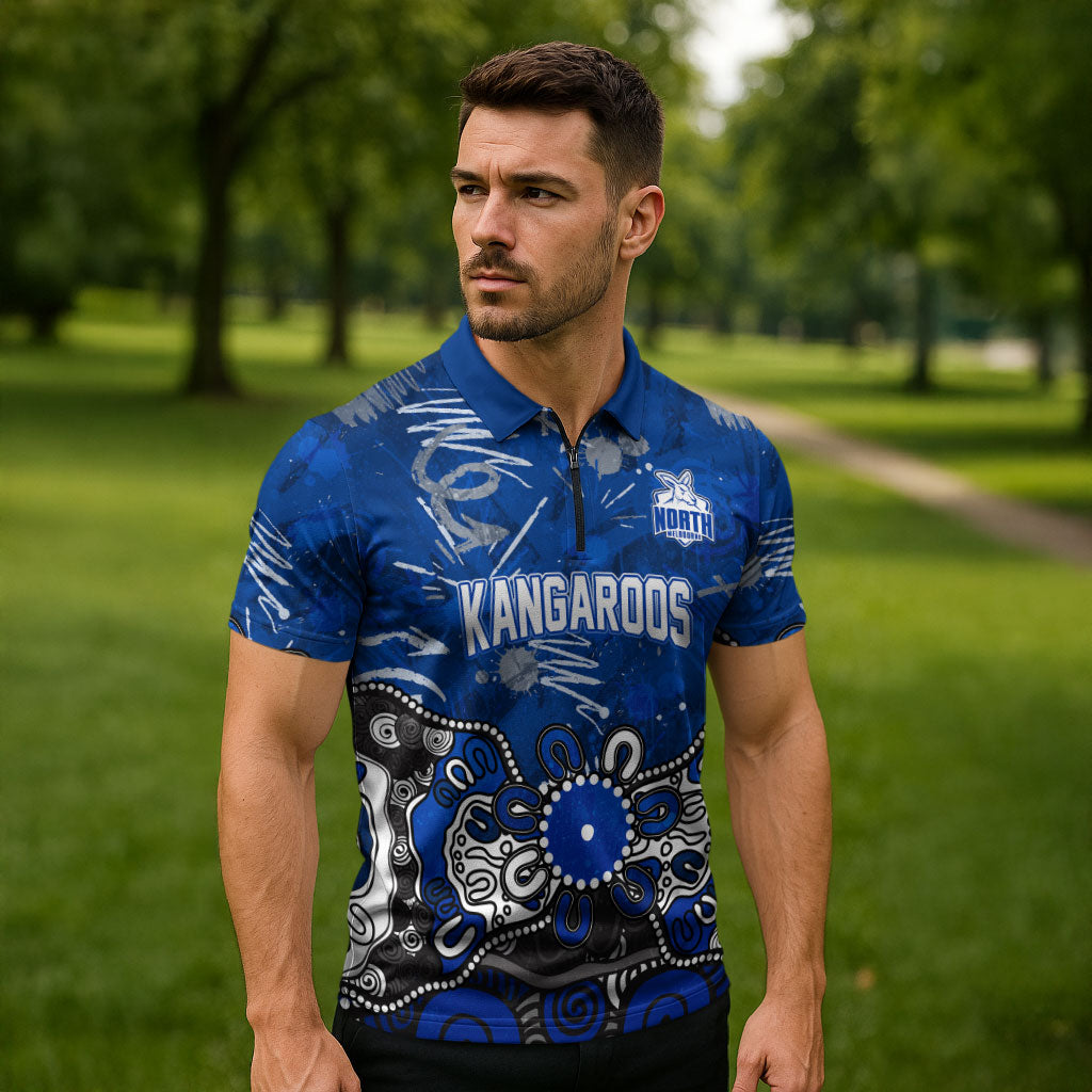 Personalized North Melbourne Kangaroos Zipper Polo Shirt Aboriginal Dot Painting Graffiti Style