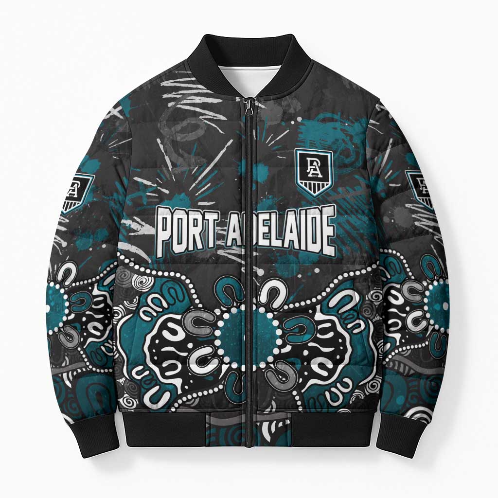 Personalized Port Adelaide Power Bomber Puffer Jacket Aboriginal Dot Painting Graffiti Style