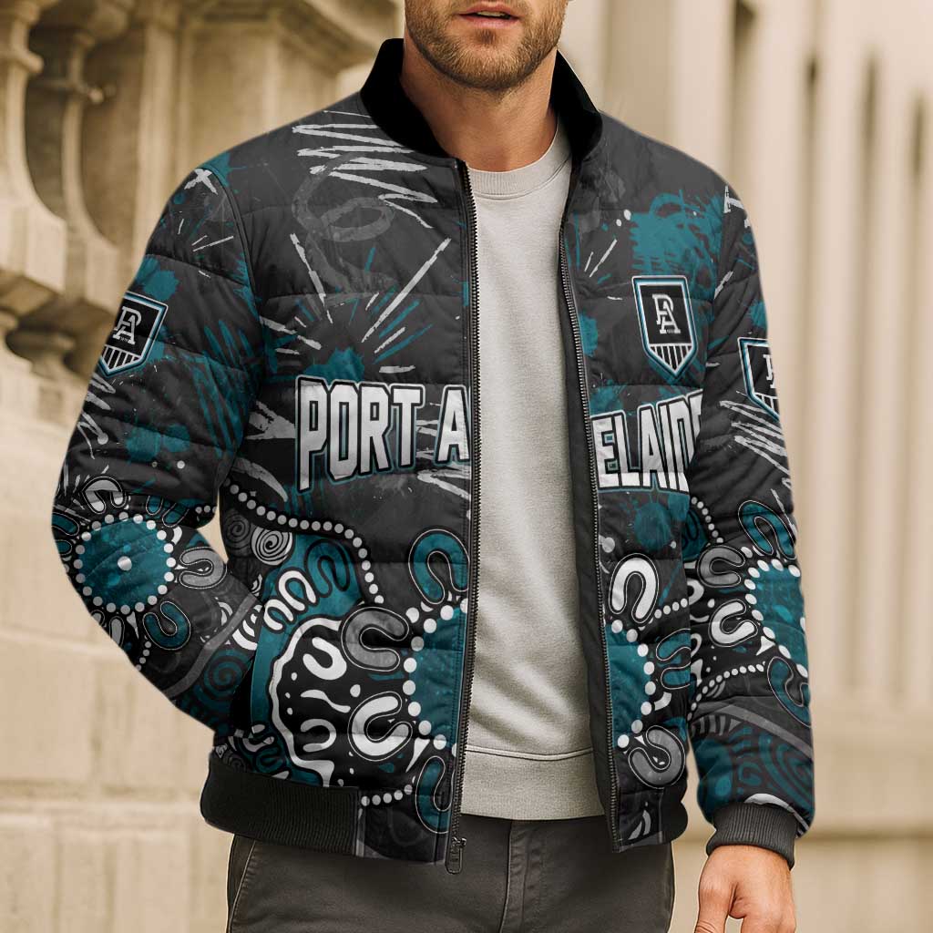 Personalized Port Adelaide Power Bomber Puffer Jacket Aboriginal Dot Painting Graffiti Style