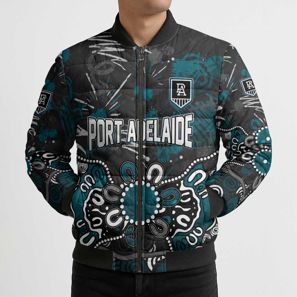 Personalized Port Adelaide Power Bomber Puffer Jacket Aboriginal Dot Painting Graffiti Style