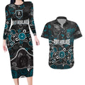 Personalized Port Adelaide Power Couples Matching Long Sleeve Bodycon Dress and Hawaiian Shirt Aboriginal Dot Painting Graffiti Style