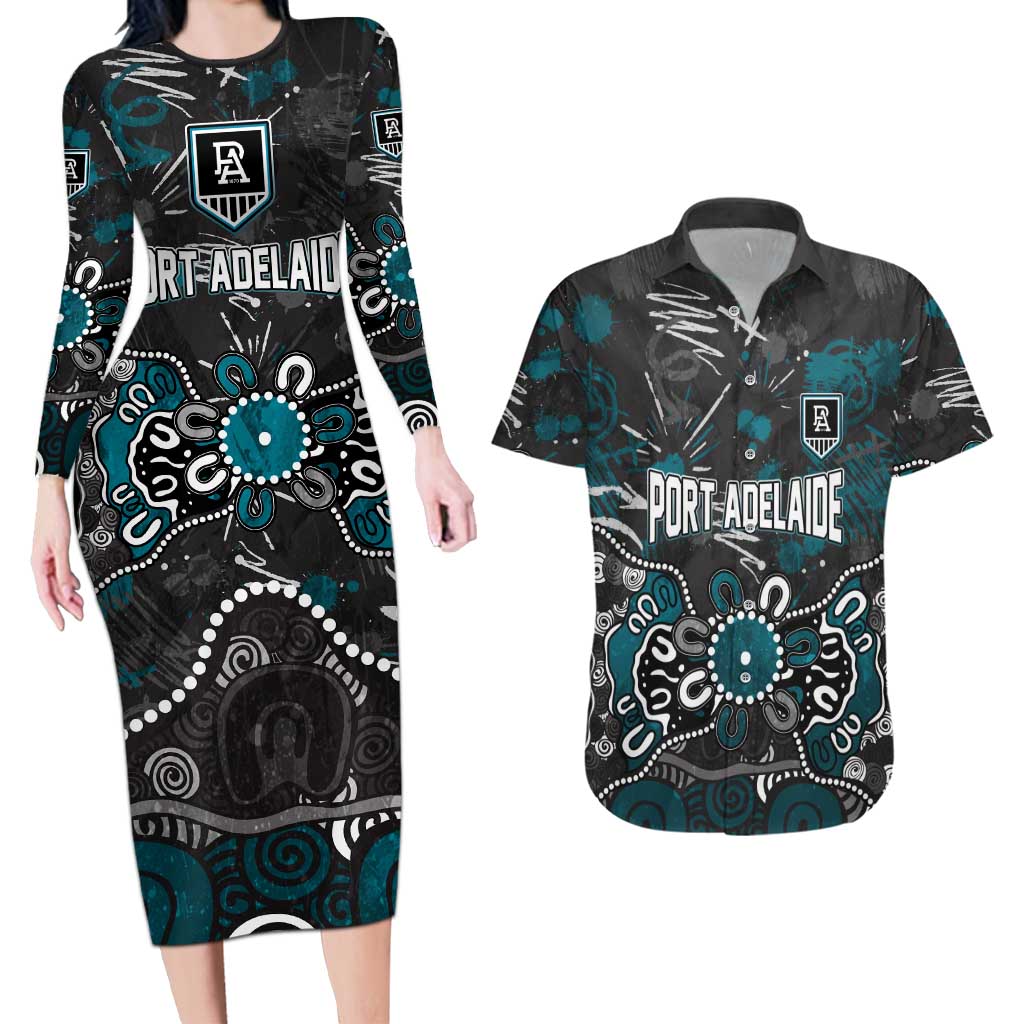 Personalized Port Adelaide Power Couples Matching Long Sleeve Bodycon Dress and Hawaiian Shirt Aboriginal Dot Painting Graffiti Style