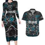 Personalized Port Adelaide Power Couples Matching Long Sleeve Bodycon Dress and Hawaiian Shirt Aboriginal Dot Painting Graffiti Style
