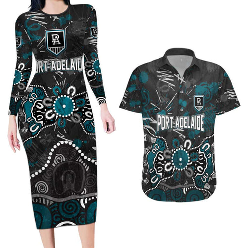 Personalized Port Adelaide Power Couples Matching Long Sleeve Bodycon Dress and Hawaiian Shirt Aboriginal Dot Painting Graffiti Style