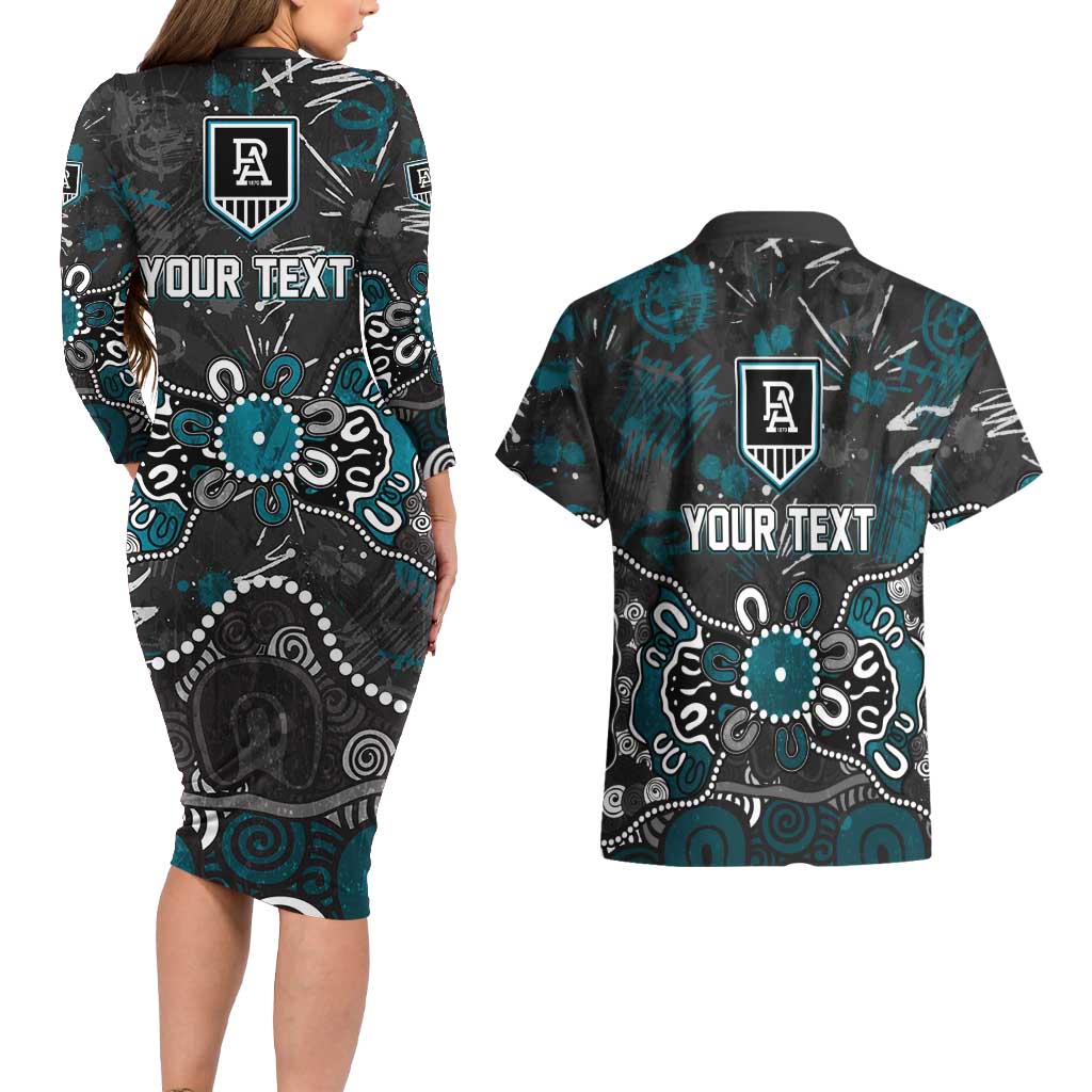 Personalized Port Adelaide Power Couples Matching Long Sleeve Bodycon Dress and Hawaiian Shirt Aboriginal Dot Painting Graffiti Style