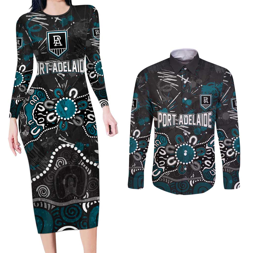 Personalized Port Adelaide Power Couples Matching Long Sleeve Bodycon Dress and Long Sleeve Button Shirt Aboriginal Dot Painting Graffiti Style