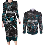 Personalized Port Adelaide Power Couples Matching Long Sleeve Bodycon Dress and Long Sleeve Button Shirt Aboriginal Dot Painting Graffiti Style
