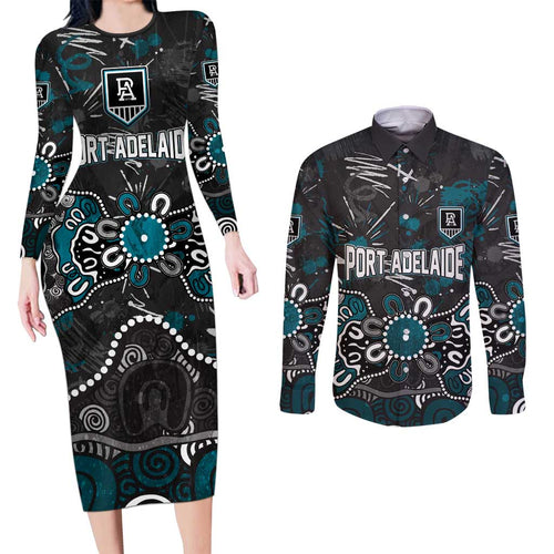 Personalized Port Adelaide Power Couples Matching Long Sleeve Bodycon Dress and Long Sleeve Button Shirt Aboriginal Dot Painting Graffiti Style