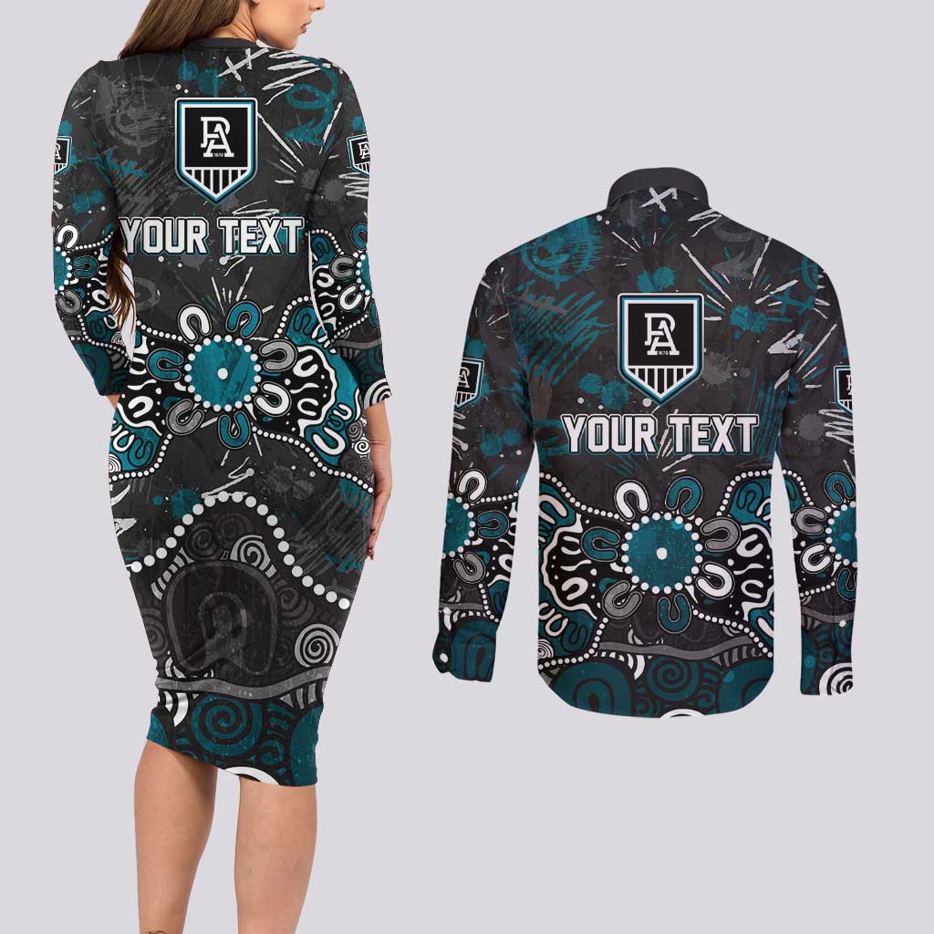 Personalized Port Adelaide Power Couples Matching Long Sleeve Bodycon Dress and Long Sleeve Button Shirt Aboriginal Dot Painting Graffiti Style
