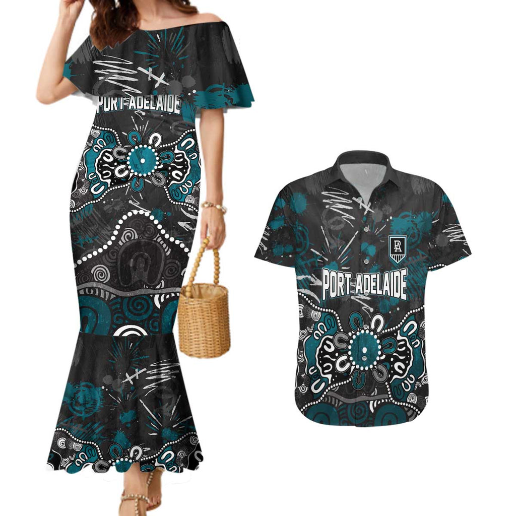 Personalized Port Adelaide Power Couples Matching Mermaid Dress and Hawaiian Shirt Aboriginal Dot Painting Graffiti Style