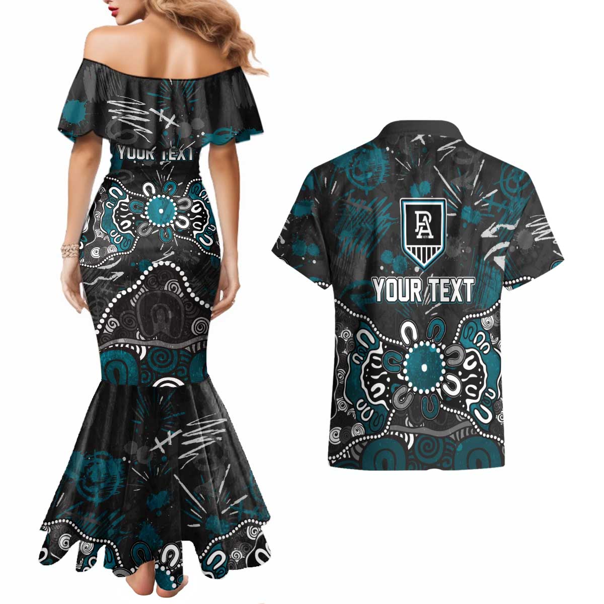 Personalized Port Adelaide Power Couples Matching Mermaid Dress and Hawaiian Shirt Aboriginal Dot Painting Graffiti Style