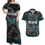 Personalized Port Adelaide Power Couples Matching Off Shoulder Maxi Dress and Hawaiian Shirt Aboriginal Dot Painting Graffiti Style