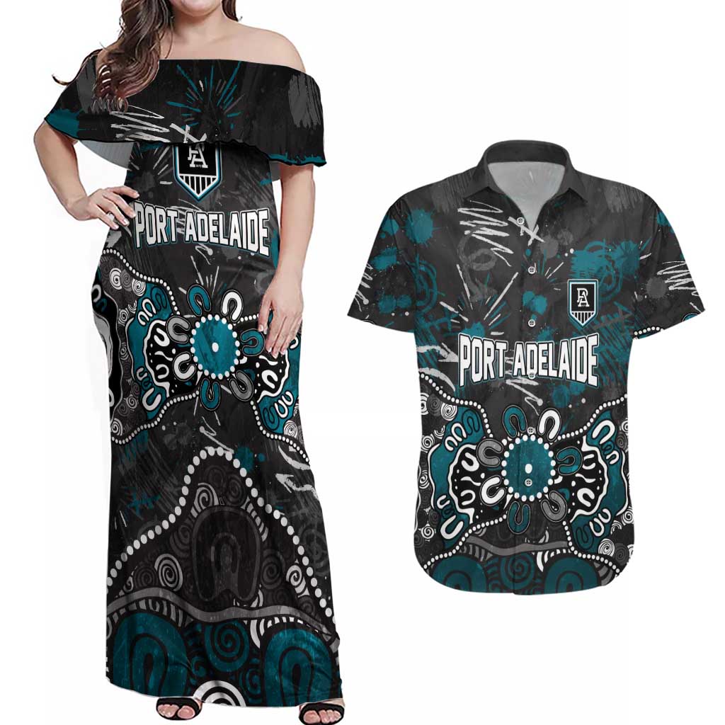 Personalized Port Adelaide Power Couples Matching Off Shoulder Maxi Dress and Hawaiian Shirt Aboriginal Dot Painting Graffiti Style