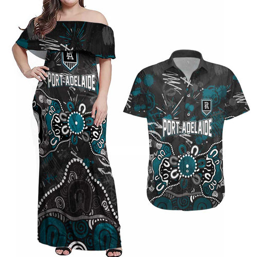 Personalized Port Adelaide Power Couples Matching Off Shoulder Maxi Dress and Hawaiian Shirt Aboriginal Dot Painting Graffiti Style