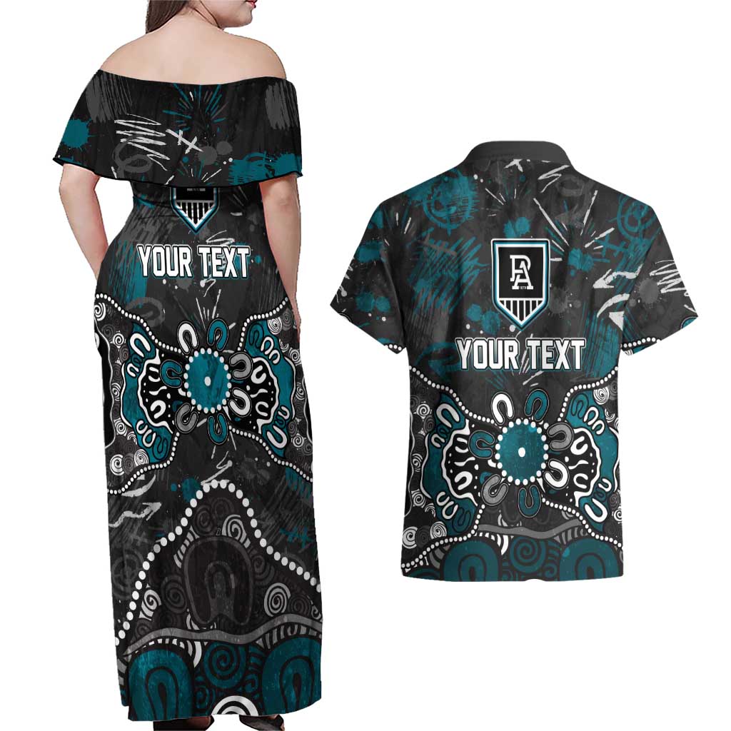 Personalized Port Adelaide Power Couples Matching Off Shoulder Maxi Dress and Hawaiian Shirt Aboriginal Dot Painting Graffiti Style