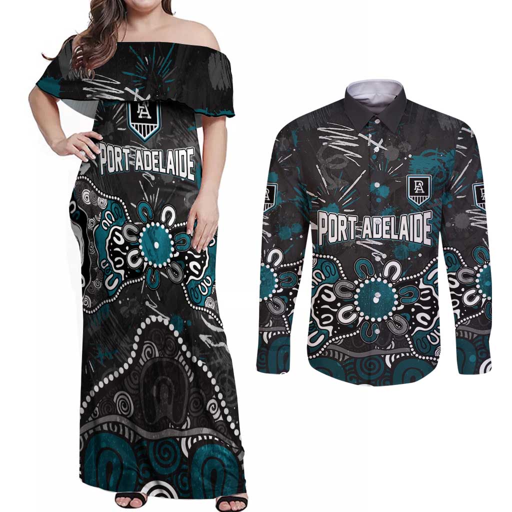 Personalized Port Adelaide Power Couples Matching Off Shoulder Maxi Dress and Long Sleeve Button Shirt Aboriginal Dot Painting Graffiti Style