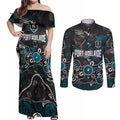 Personalized Port Adelaide Power Couples Matching Off Shoulder Maxi Dress and Long Sleeve Button Shirt Aboriginal Dot Painting Graffiti Style