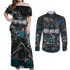 Personalized Port Adelaide Power Couples Matching Off Shoulder Maxi Dress and Long Sleeve Button Shirt Aboriginal Dot Painting Graffiti Style