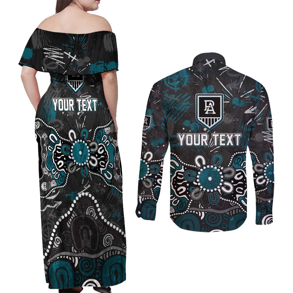 Personalized Port Adelaide Power Couples Matching Off Shoulder Maxi Dress and Long Sleeve Button Shirt Aboriginal Dot Painting Graffiti Style