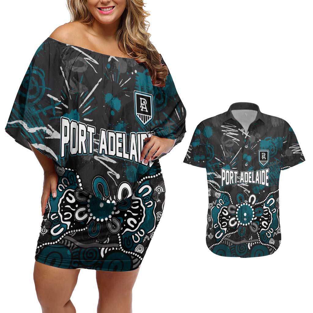 Personalized Port Adelaide Power Couples Matching Off Shoulder Short Dress and Hawaiian Shirt Aboriginal Dot Painting Graffiti Style