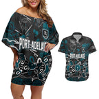 Personalized Port Adelaide Power Couples Matching Off Shoulder Short Dress and Hawaiian Shirt Aboriginal Dot Painting Graffiti Style