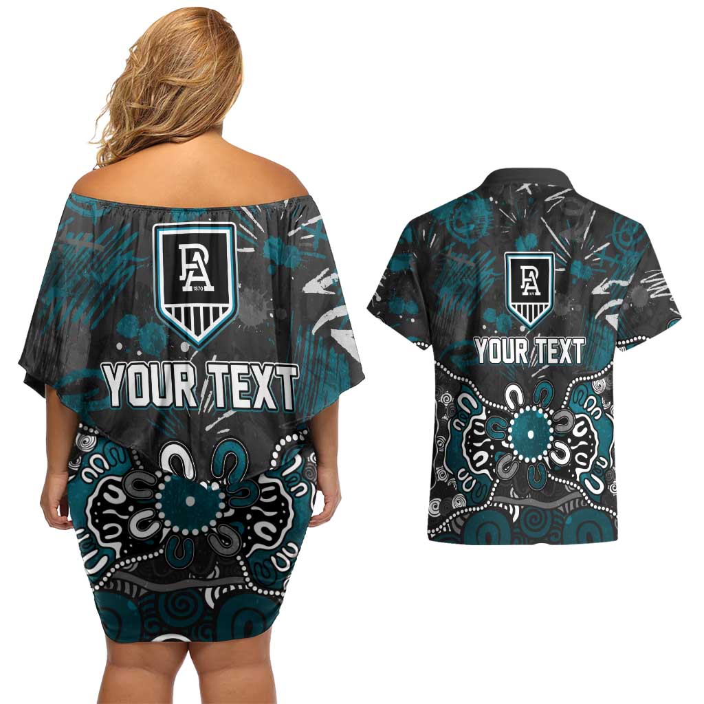 Personalized Port Adelaide Power Couples Matching Off Shoulder Short Dress and Hawaiian Shirt Aboriginal Dot Painting Graffiti Style