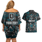 Personalized Port Adelaide Power Couples Matching Off Shoulder Short Dress and Hawaiian Shirt Aboriginal Dot Painting Graffiti Style