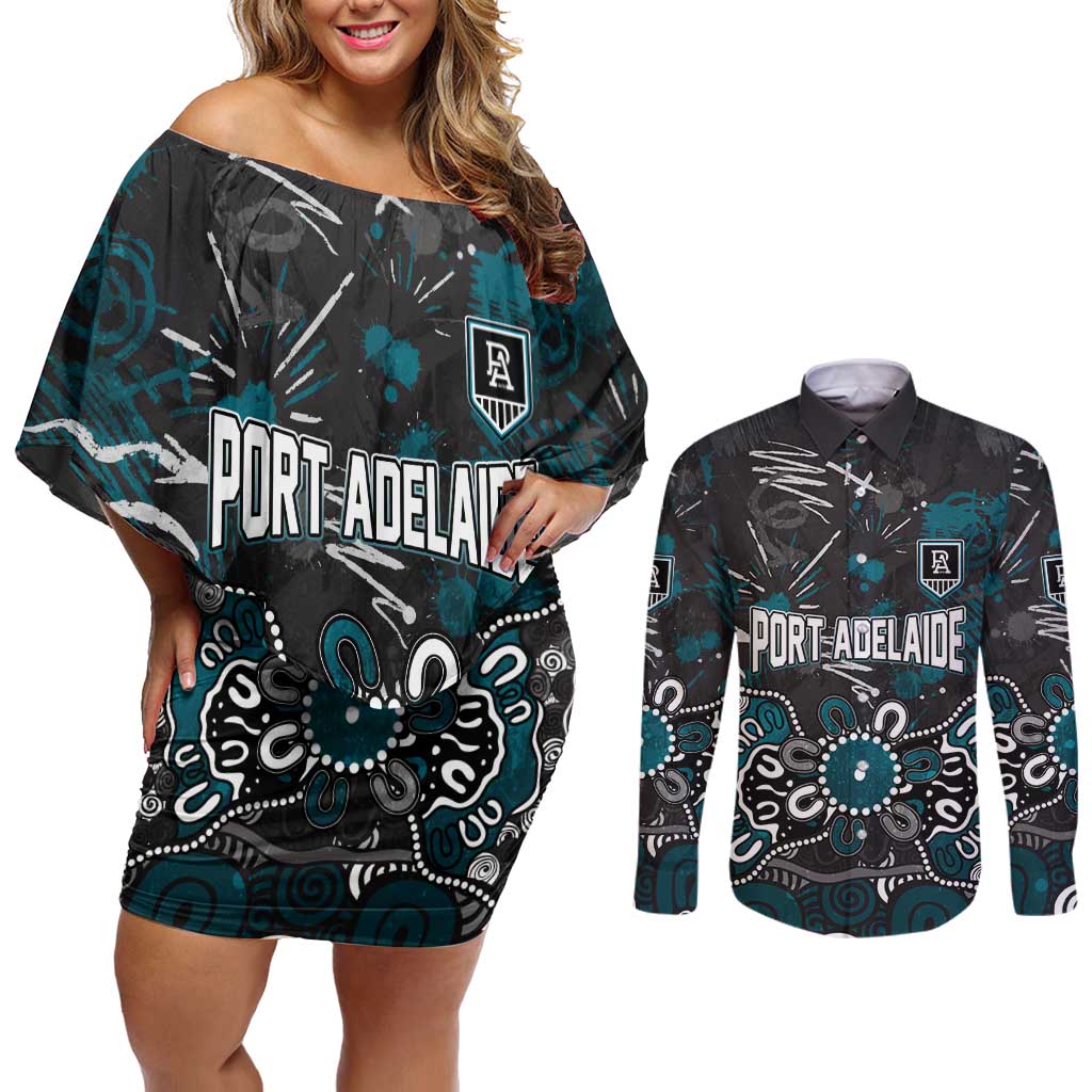 Personalized Port Adelaide Power Couples Matching Off Shoulder Short Dress and Long Sleeve Button Shirt Aboriginal Dot Painting Graffiti Style