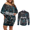 Personalized Port Adelaide Power Couples Matching Off Shoulder Short Dress and Long Sleeve Button Shirt Aboriginal Dot Painting Graffiti Style