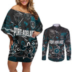 Personalized Port Adelaide Power Couples Matching Off Shoulder Short Dress and Long Sleeve Button Shirt Aboriginal Dot Painting Graffiti Style