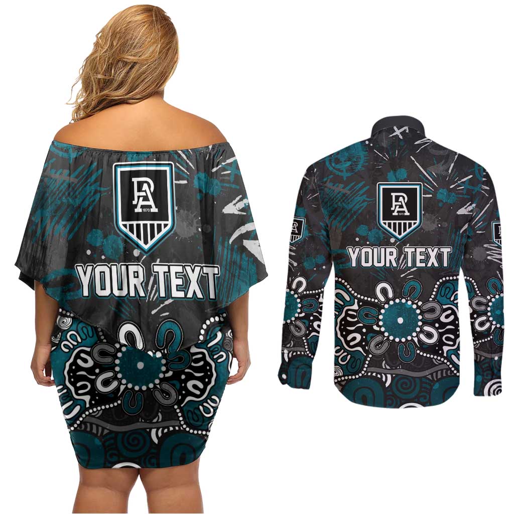 Personalized Port Adelaide Power Couples Matching Off Shoulder Short Dress and Long Sleeve Button Shirt Aboriginal Dot Painting Graffiti Style