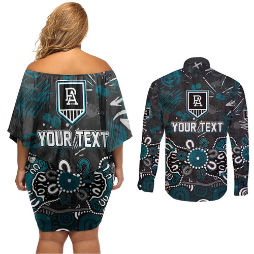 Personalized Port Adelaide Power Couples Matching Off Shoulder Short Dress and Long Sleeve Button Shirt Aboriginal Dot Painting Graffiti Style